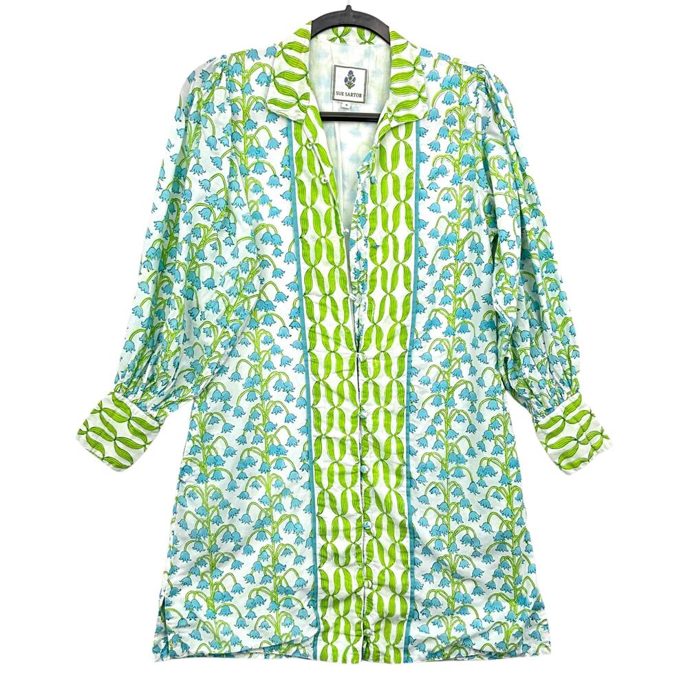 Sue Sartor Dress Womens S Blue Green Floral Cotton Long Sleeve Tunic *READ
